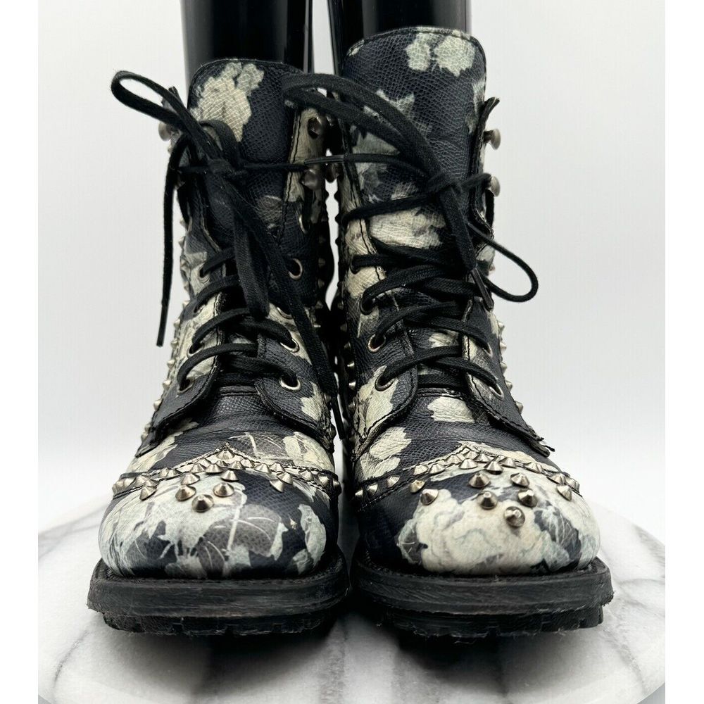 ASH Women's Black Leather Floral Studded Round Toe Biker Combat Boots Size 36 - Picture 2 of 9